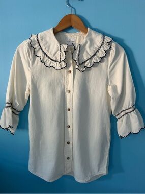 Seventy Ivory Blouse with Navy Trim and Ruffled Collar